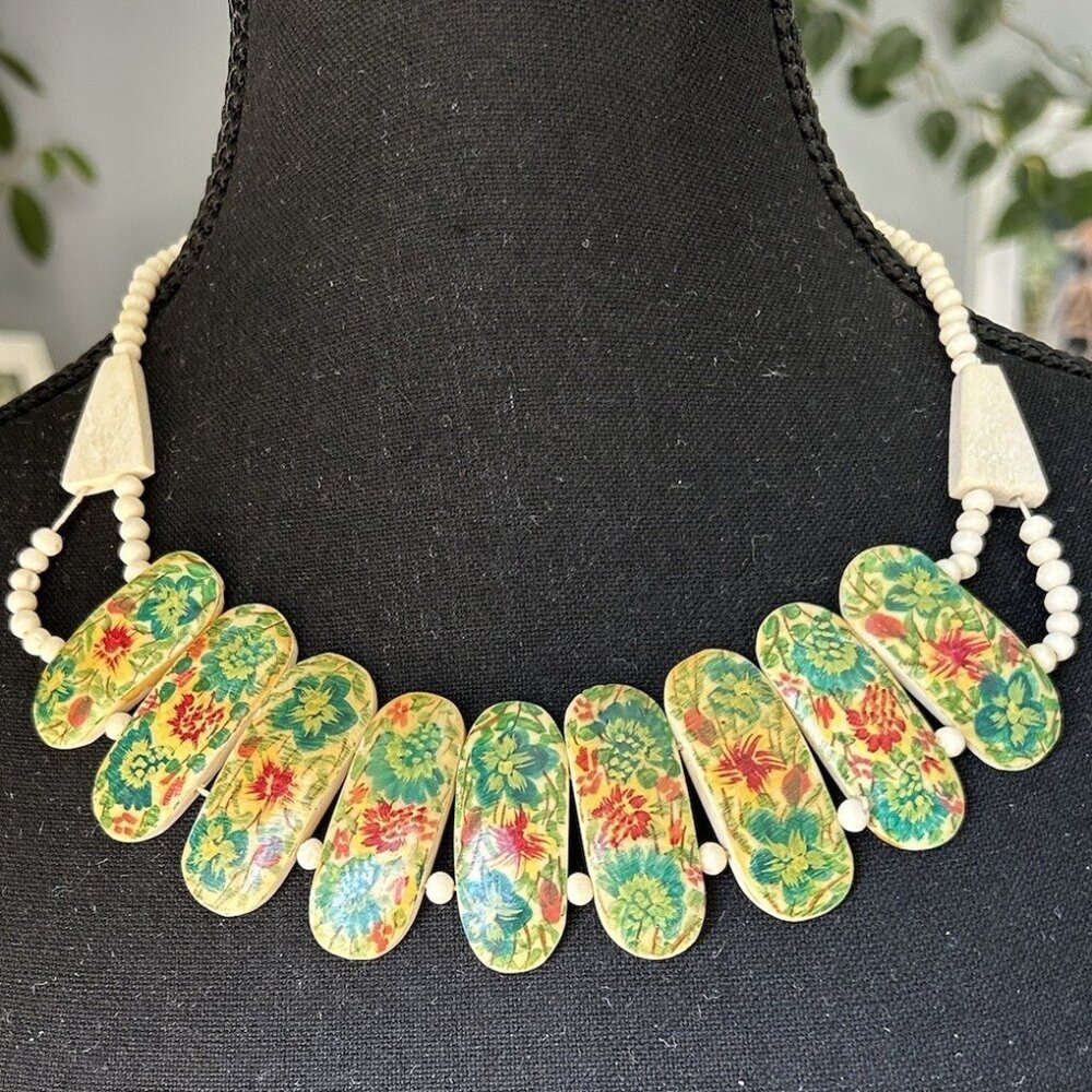 Vintage bone link Necklace with Hand Painted Floral Patterns